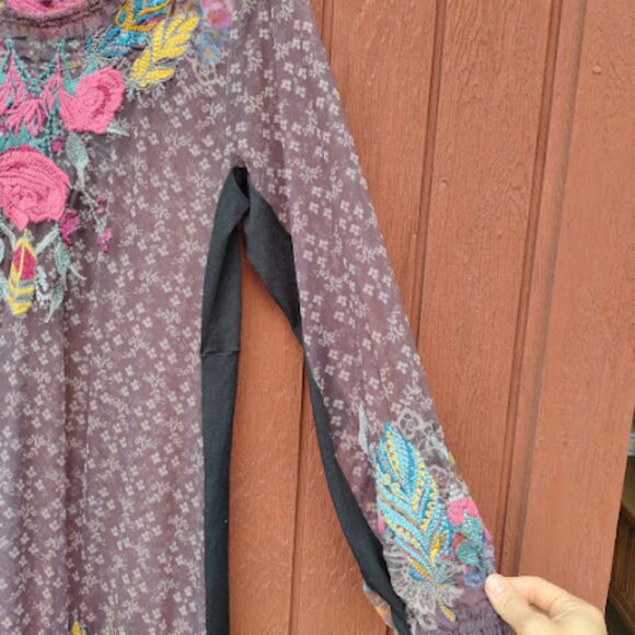 BIYA JOHNNY WAS | Sheer Mesh Floral Embroidered Balloon Sleeve Brown Dress S - Picture 7 of 16